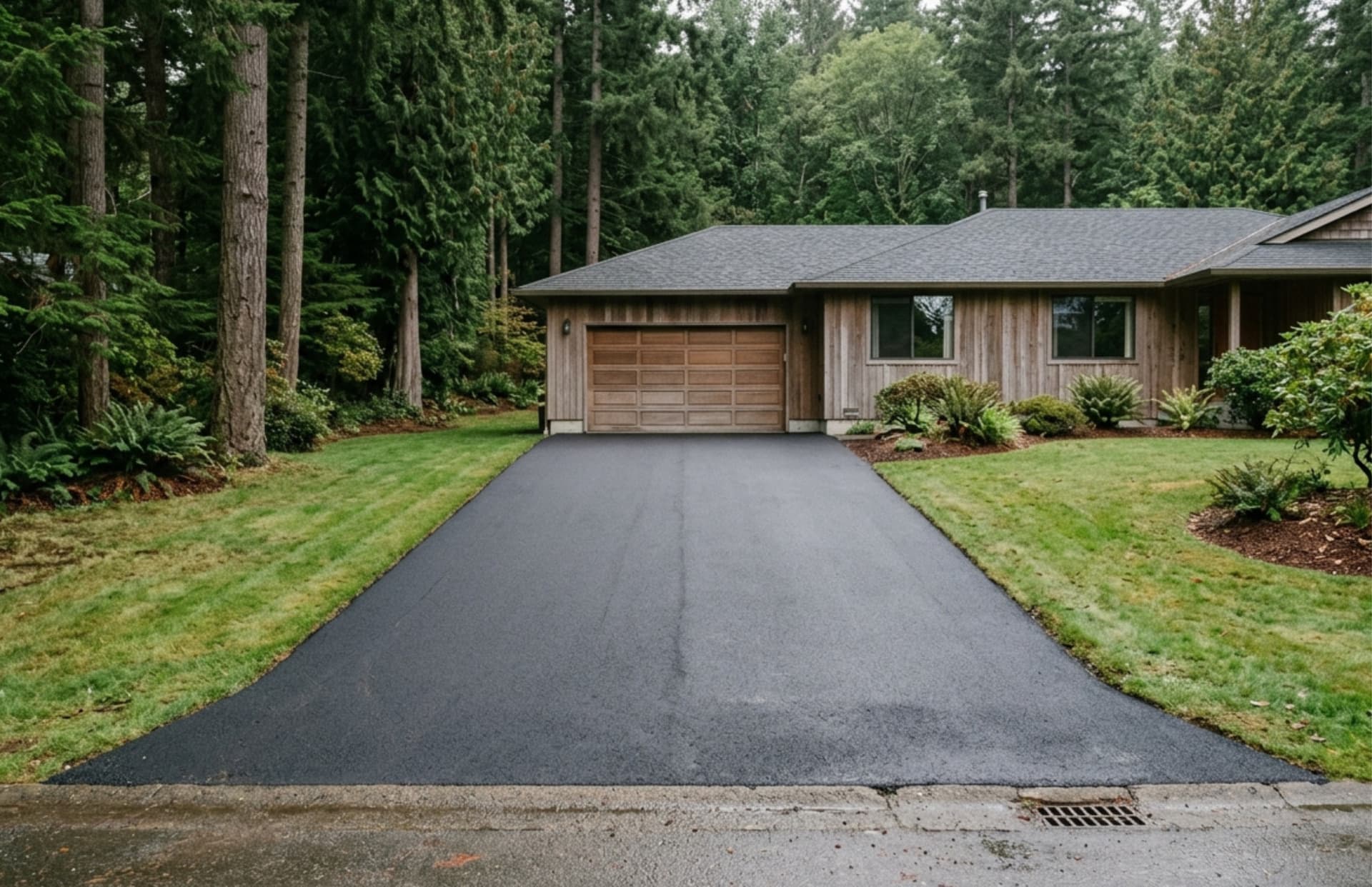 A dark asphalt driveway running from the street curb up to a two-car garage on a single-storey wood-clad house, with mown lawn on either side and tall conifers behind.